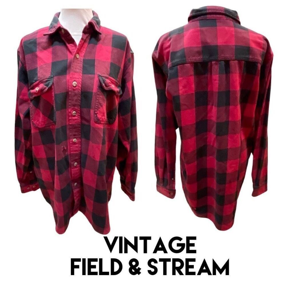 Field & Stream Vintage Button Down Red/Black Checkered Plaid Long Sleeve Flannel